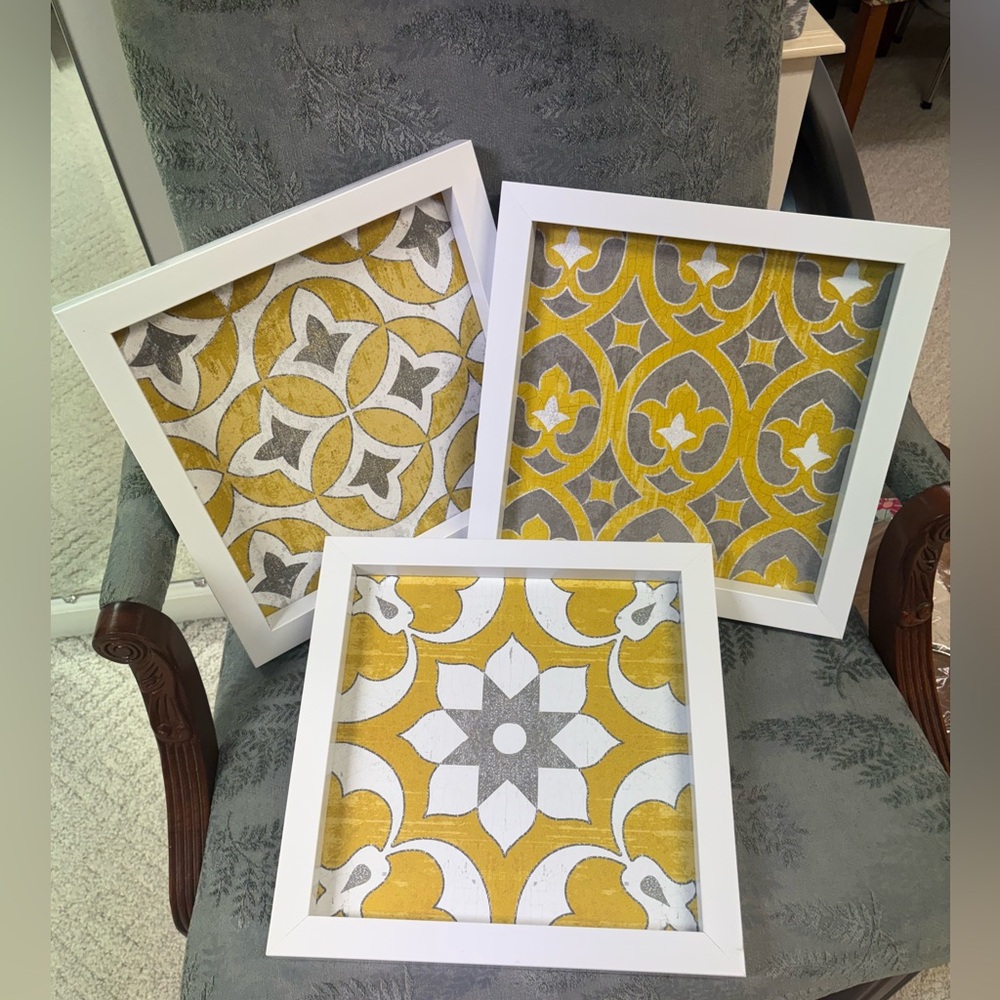 Set of Three Yellow and Gray Framed Wall Art